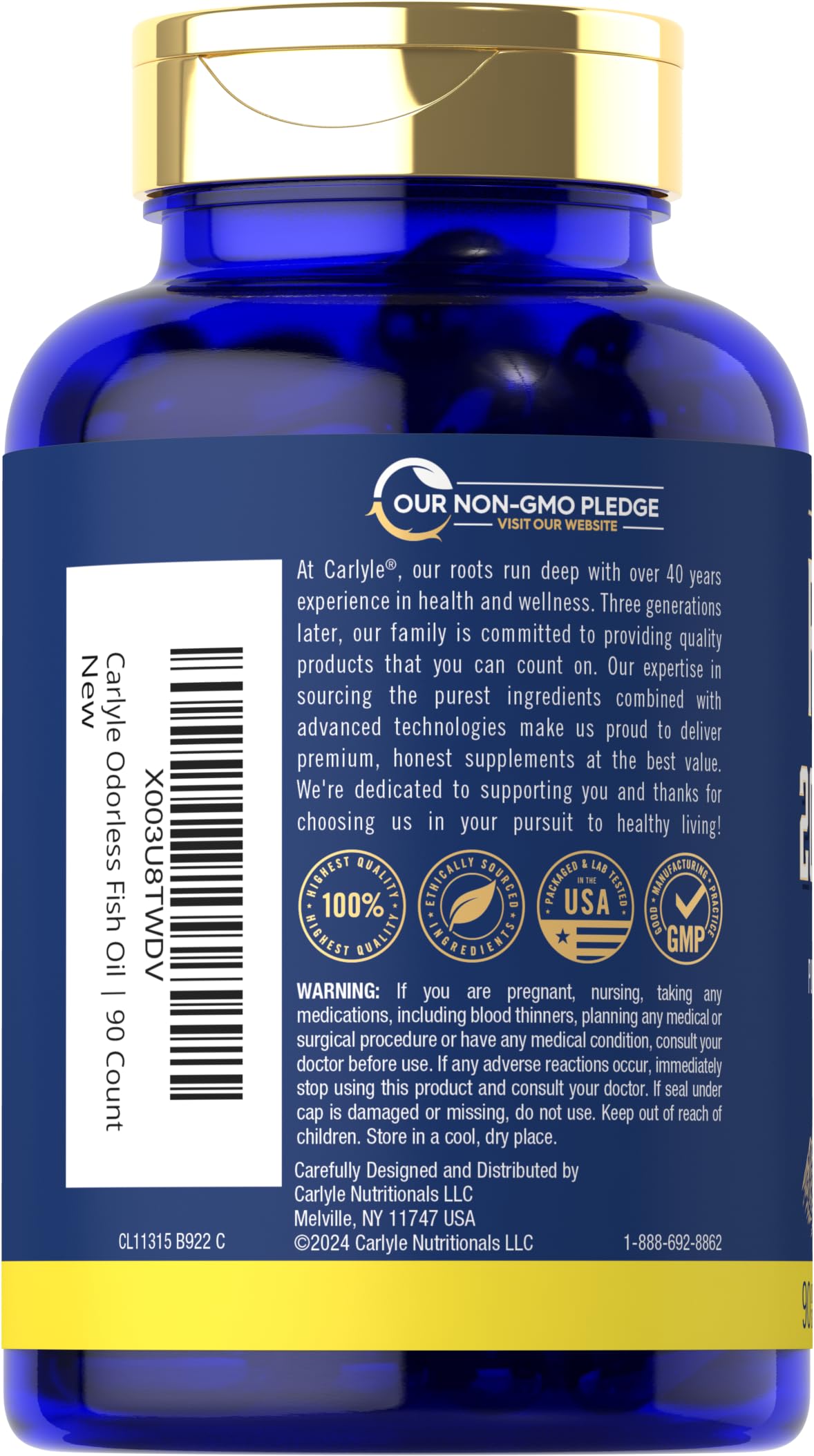 Carlyle Fish Oil 2000mg | 600mg Omega 3 with EPA & DHA | 90 Odorless Softgels | Lemon Flavored Supplement | Non-GMO & Gluten Free Pills
